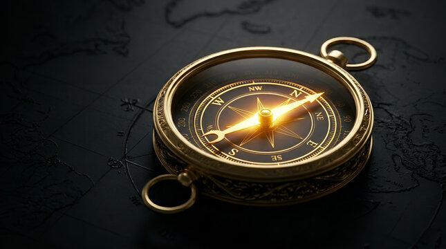 Luxury gold compass on black map background, business direction and strategy vision concept
