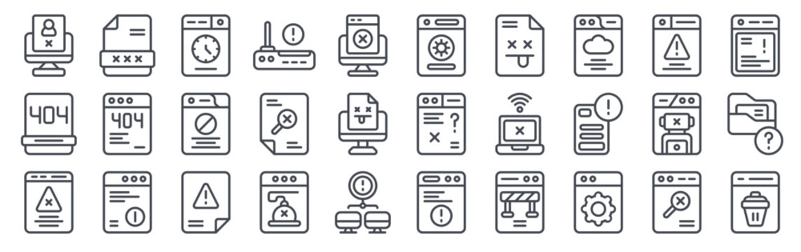 Set of 30 error and not found thin line web icons including 404 page, network error, connection error, server error, browser, hacker, computer system alerts