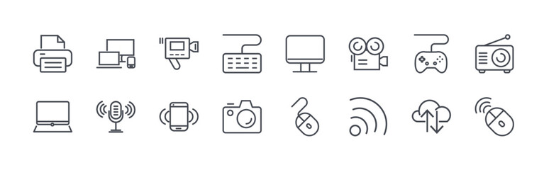 collection of 16 thin line technology devices icons including printer, laptop, device, microphone, video camera, mobile phone, keyboard, camera, dekstop. editable stroke vector illustration © Sophie