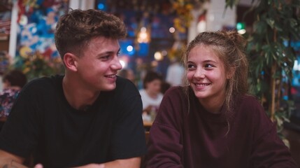 Fototapeta premium A young couple exchanges nervous glances across a sunlit cafe table, fingers toying with sugar packets in a warm dappled morning light scene of early romantic tension.