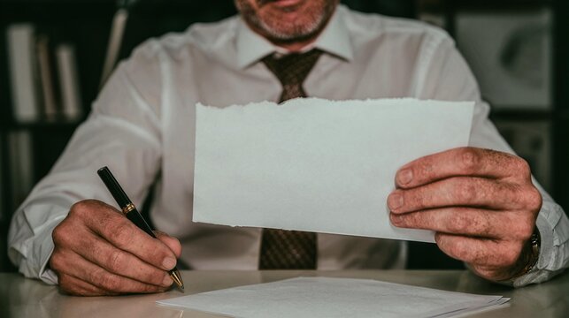 Trembling hands hold a crisp white envelope at a minimalist desk, fingers poised at the tearing edge in stark high-key light with clean grey shadows.
