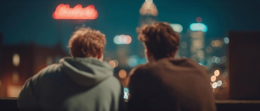 Two characters sit on a gritty city rooftop ledge at night, their faces lit by a distant neon sign as magenta and cyan light clash against a skyline of blinking aviation lights.