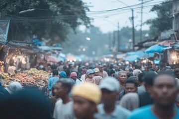 Fototapeta premium Busy open-air flower market at dawn with shoppers moving among rows of colorful fresh blooms