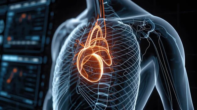 Human anatomy chest torso rib bone skeleton xray lung heart cardiovascular system medical technology digital illustration glowing heartbeat cardiology health care circulatory system internal organ