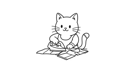 Fototapeta premium Cute cartoon cat ironing clothes, a simple black and white line drawing illustration.