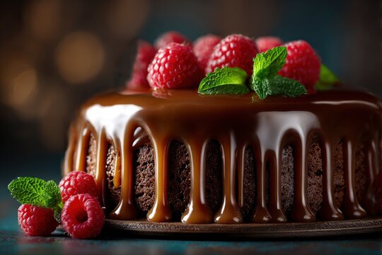 A decadent chocolate cake is beautifully adorned with a rich, glossy caramel or chocolate glaze that artistically drips down its textured sides. The top of the dark, moist confection is generously cro