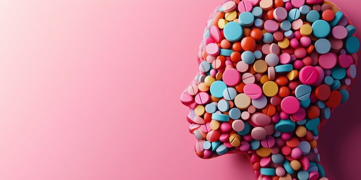 Human head made of colorful pills, illustrating mental health treatment, psychiatry and pharmaceutical support on soft background