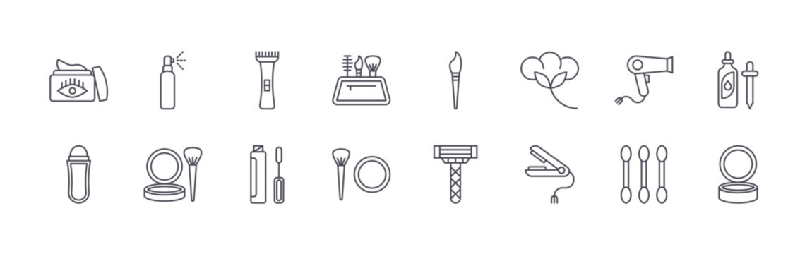 set of 16 thin line cosmetic icons featuring eye cream, roll on, spray, highlighter, trimmer, concealer, makeup container, blush, brush. editable stroke vector illustration isolated on white