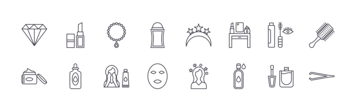 set of 16 thin line cosmetic icons featuring mineral, pomade, lipstick, essential oil, necklace, face cleanser, deodorant, face mask, headband. editable stroke vector illustration isolated on