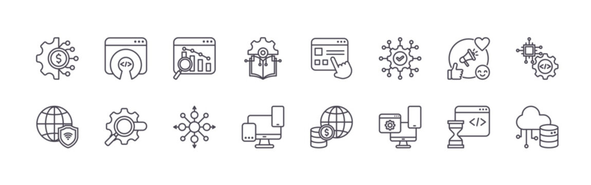 set of 16 thin line digital platform icons featuring fintech, vpn, open source, seo, analyitics, decentralization, hine learning, responsive design, user interface. editable stroke vector