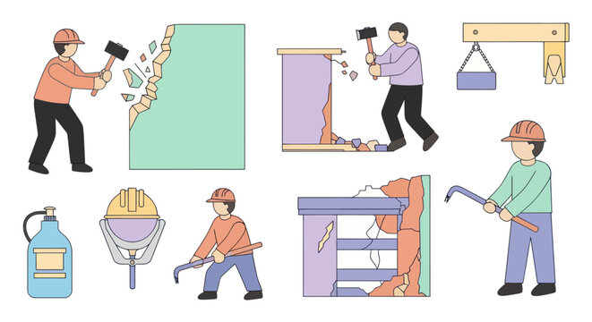 Flat illustration of construction workers demolishing walls with tools