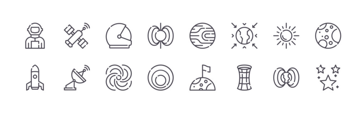 set of 16 thin line astronomy icons featuring astronaut, space shuttle, space station, satellite dish, helmet, milky way, pulsar, doppler effect, exoplanet. editable stroke vector