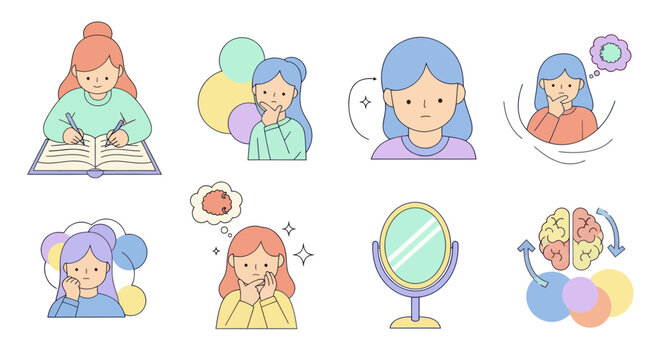 Flat illustration of girls in various thought and reflection poses