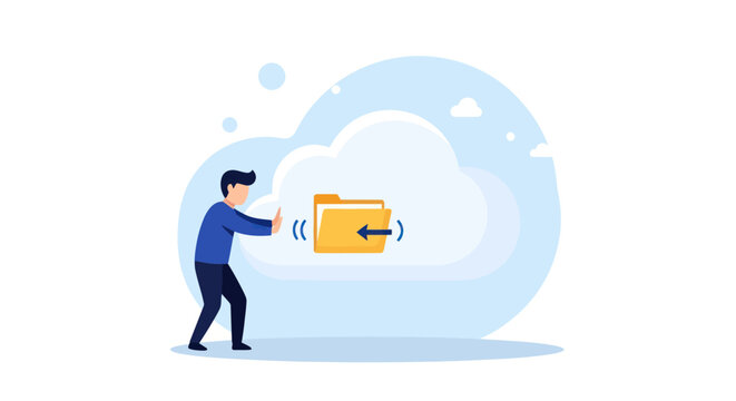 Man pushing away cloud storage folder icon - flat design