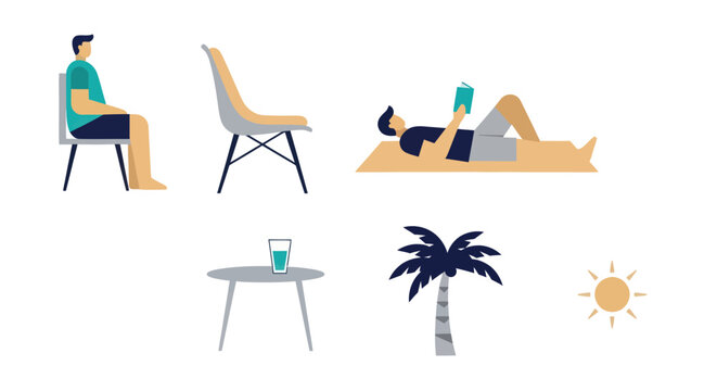 Flat illustration of people relaxing with books, palm tree, sun, table, glass