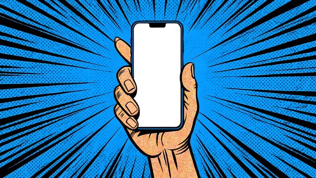 Hand holding a smartphone against a comic book-style background