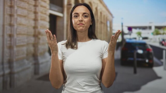 Woman with hands to chest touching sternum on street by stone building and parked car, palms visible and expressive; calm reflection.