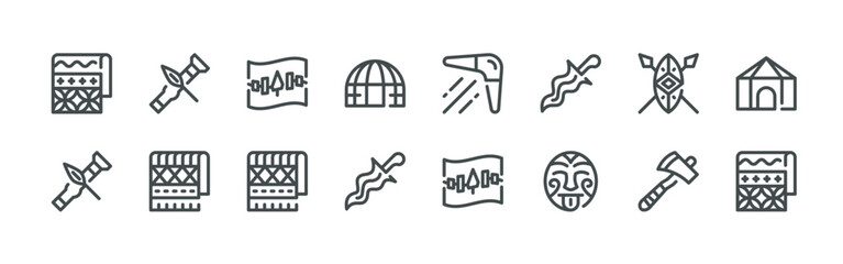 bundle of 16 thin line indigenous people icons such as zaslz 003 batik, 769vq 004 blowgun, psb1l 004 blowgun, jof35 001 andes, vbmuf 014 native american, zbdmd 001 andes, zx6ze 027 wigwam, © Leon