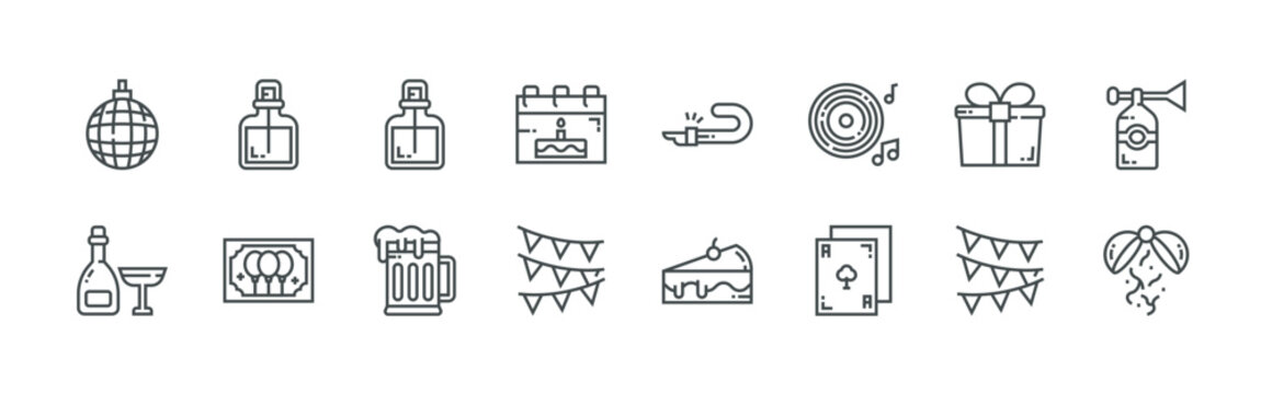 bundle of 16 thin line birthday icons such as eoxwp#015 disco ball, zk3nl#010 champagne, 4fxsl#023 perfume, ago4p#025 picture, kkgrg#023 perfume, jdi#003 beer mug, raico#008 calendar,