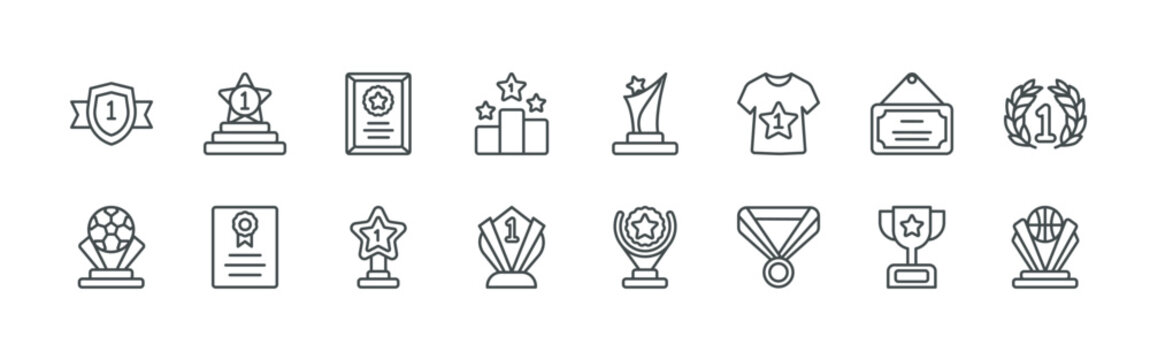 bundle of 16 thin line award and trophy icons such as mksoz#018 nomination, luy97#016 foot ball, cjed0#028 best actor, zvmyy#005 award competition, msuq4#014 charter, 7bhkv#025 winner,