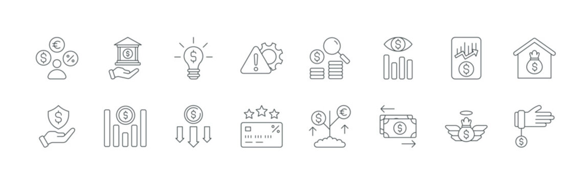 bundle of 16 thin line business finance icons such as jziw0#033 interest, 530yh#035 liability, n98hr#009 capital, tkm#041 revenue, qpyvu#025 financial planning, nno5a#037 loss, jgtgp#042