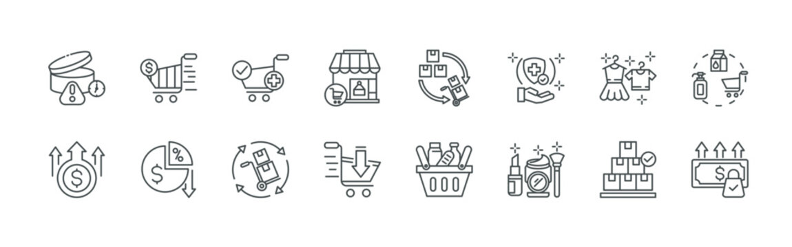 bundle of 16 thin line fmcg icons such as egux2#037 short life, jqtis#025 interest, ohfcw#019 purchase, l5jqh#022 low profit, j6cmu#014 items, 1eevp#013 inventory, miznr#015 retailers, 01z6v#030