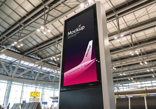 Vertical Airport Digital Display Stand Mockup Low Angle