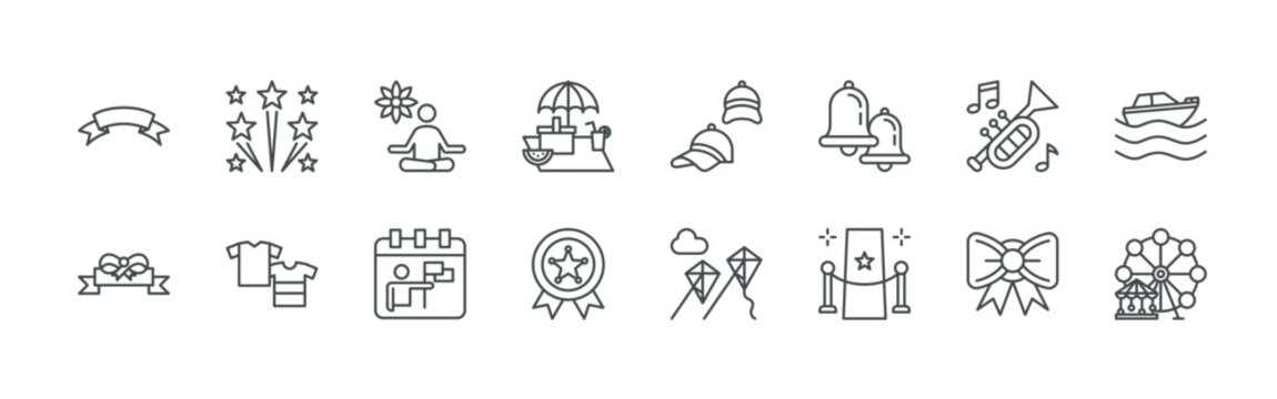 bundle of 16 thin line independence day icons such as awfck#042 banner, rzoyr#033 ribbon, 8gch7#002 fireworks, i4cx9#022 clothing, xeu25#018 relaxing, oigfe#011 independence day, 8ipb4#005 picnic,