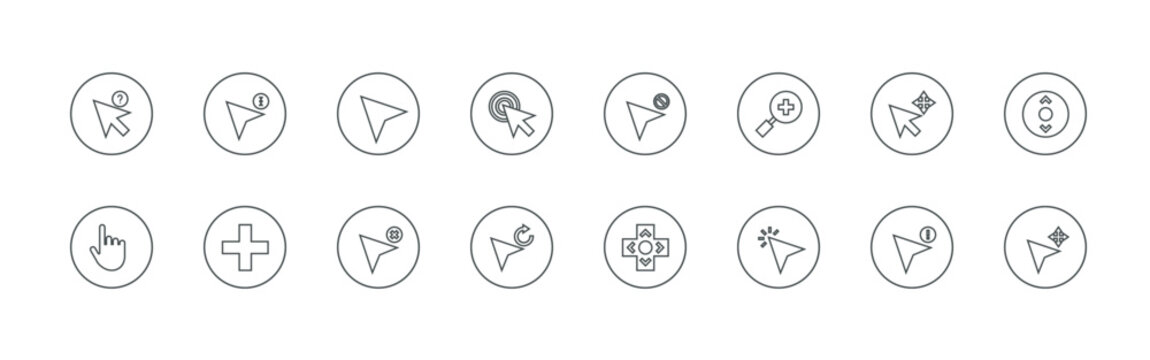 bundle of 16 thin line selection and cursors icons such as haj#069 selection, yyhdu#023 hand pointer, 75mxr#056 cusor, y211v#094 add, ky8v8#085 cursor, uh8r1#058 cusor, oguoo#083 selection,
