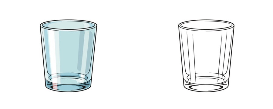 Cartoon glass tumbler in color and black line art styles showing transparent empty vessel for water or juice serving on white background