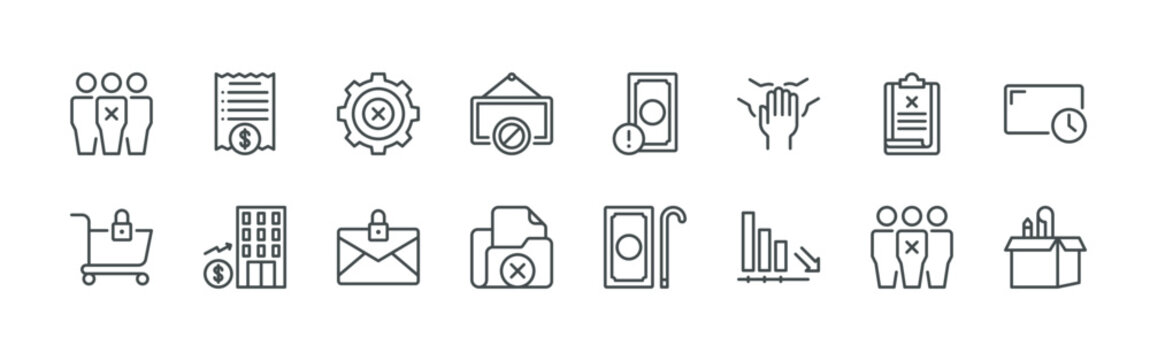 bundle of 16 thin line workplace closure icons such as khggw#024 layoff, eh8bi#042 shopping cart, 8caek#005 bill, cc0#040 sale, yj56h#007 cease of activity, m4ykc#025 letter, tegkb#010