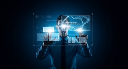 Kubernetes cluster management. A DevOps engineer's hands manage a holographic Kubernetes cluster, orchestrating containers that scale automatically based on application demand