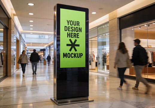 A Vertical Digital Signage Totem In A Shopping Mall Mockup