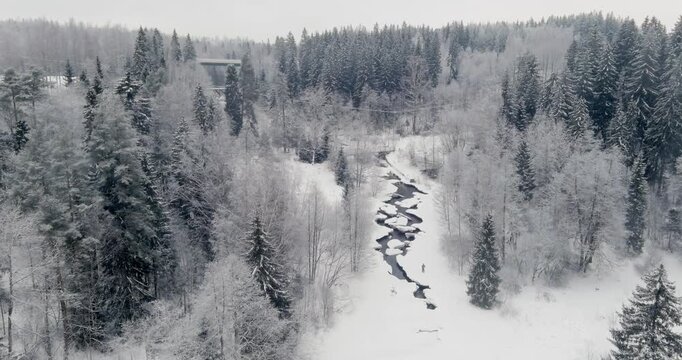 Aerial view of shows the Vantaa River flowing through a snow-covered forest at Myllykoski rapids in cloudy winter weather, Nurmij&auml;rvi, Finland, Europe.
