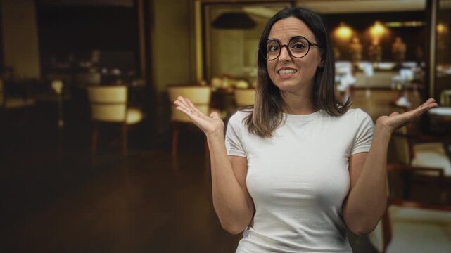 Woman with glasses shrugs with palms up in building dining room with white shirt visible; confusion hesitation.