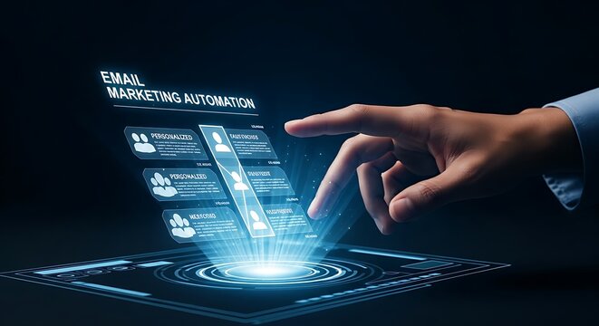 Email marketing automation. A close-up of a hand activating a system where a hologram shows an email being sent to different audience segments with personalized content.
