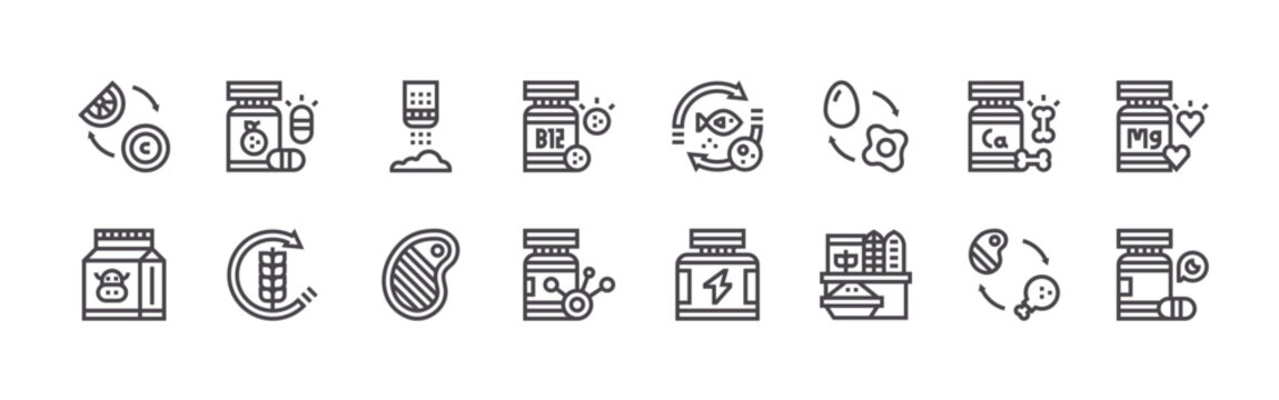 pack of 16 clean thin line nutrients icons including vitamin c, milk carton, vitamins, fiber, sodium, meat, vitamin b12, amino acids, nutritious. editable stroke vector illustration isolated
