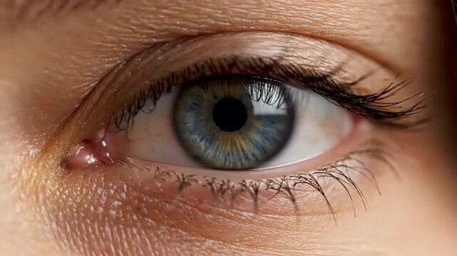 Captivating close-up of a vibrant human eye, showcasing intricate iris patterns and delicate eyelashes, revealing the beauty and depth of vision with stunning clarity and rich detail