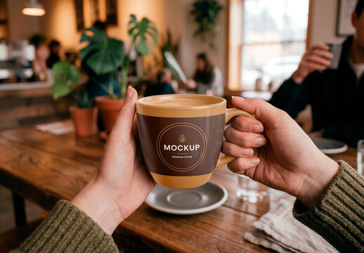 Coffee Cup Wooden Table Mockup