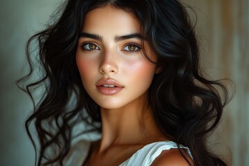 Naklejka premium serene portrait of a woman with flowing dark wavy hair, exposed shoulders and white dress in warm soft light