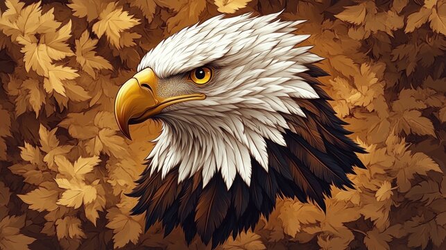 regal eagle head portrait with piercing golden eye and hooked beak against a backdrop of warm autumn leaves, detailed feathers conveying strength and vigilance