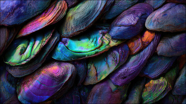 Abstract Iridescent Abalone Shell Fragments Displaying Vibrant Colors and Textures