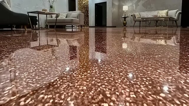 Polished terrazzo floor reflection, modern interior design, residential living room, high-gloss surface, ground-level view, elegant home environment