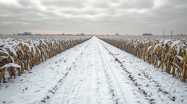 snow-covered track through rows of dried corn stalks under heavy gray sky, evoking cold quiet solitude