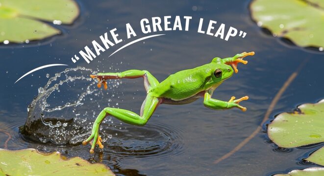 Bright green frog makes a great leap in water