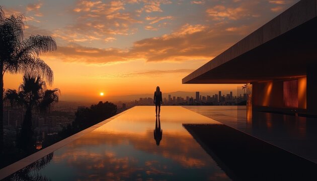 Silhouette of a person standing at the edge of a rooftop infinity pool at sunset with a distant city skyline
