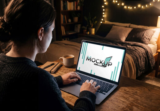 Laptop Wooden Desk Mockup
