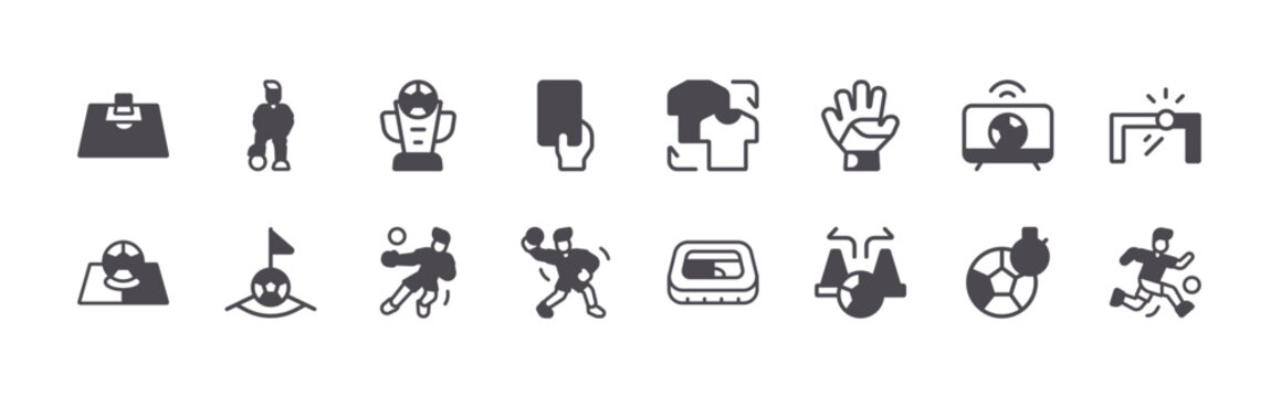 set of 16 modern thin line playing soccer icons featuring half, kick off, hold, corner kick, trophy, passes, yellow card, throw ball, substitution. editable stroke vector illustration