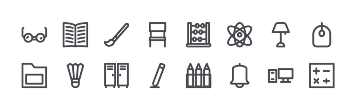 set of 16 modern thin line back to school icons featuring glasses, folder, book, badminton, brush, locker, chairs, pencil, abacus. editable stroke vector illustration isolated on white