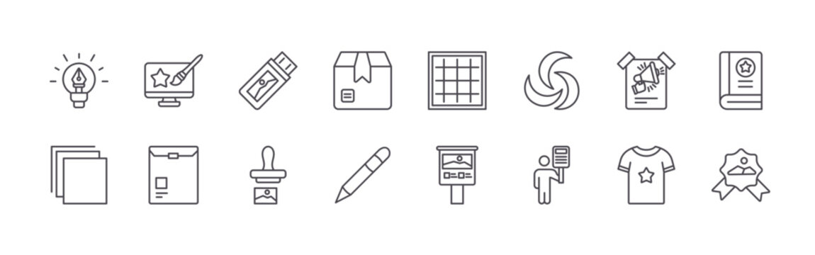 set of 16 modern thin line branding icons featuring creative, layers, design, envelope, thumb drive, stamp, package, pencil, grid. editable stroke vector illustration isolated on white